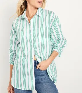 Oversized Poplin Boyfriend Shirt For Women Green Stripe