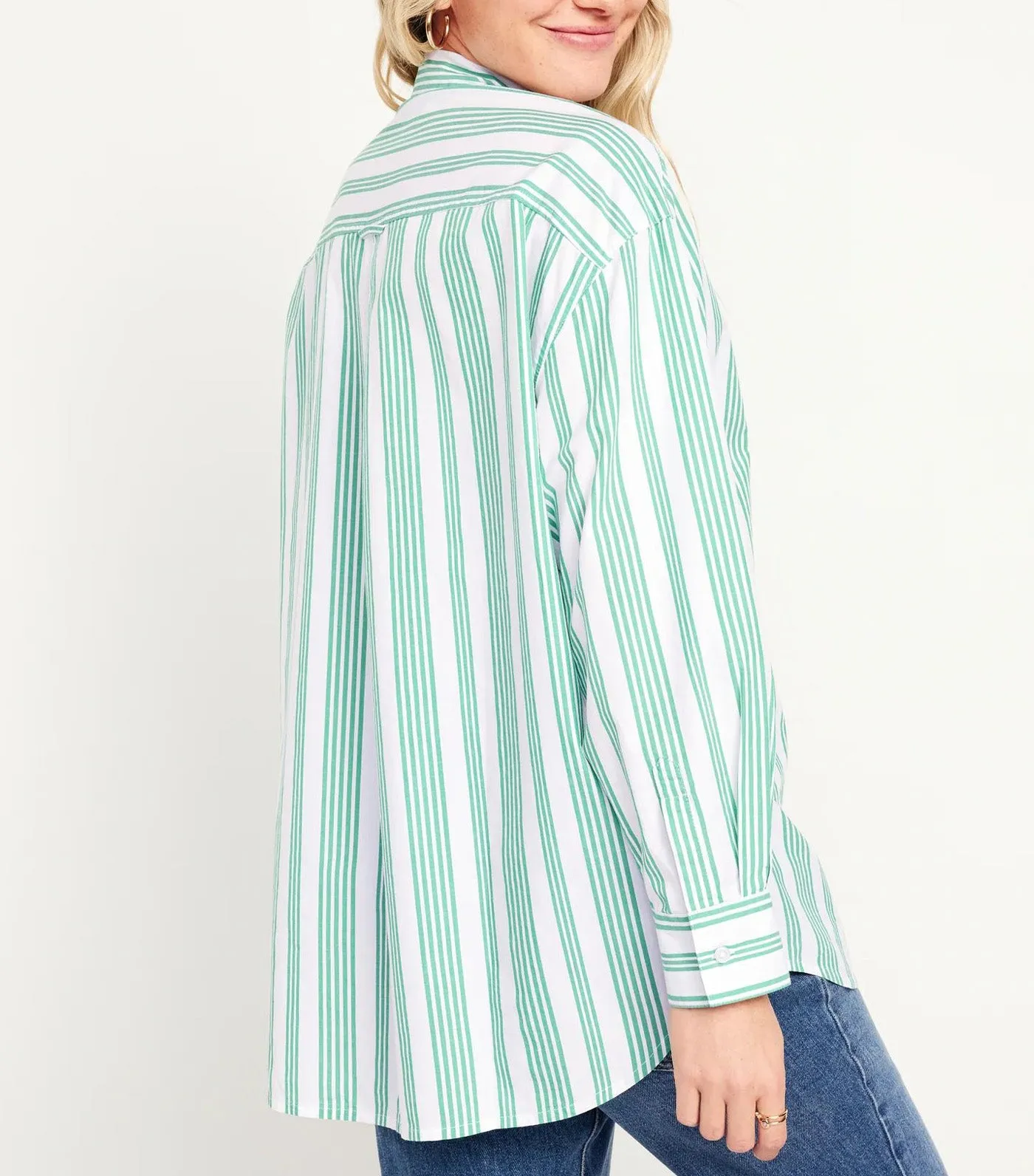 Oversized Poplin Boyfriend Shirt For Women Green Stripe