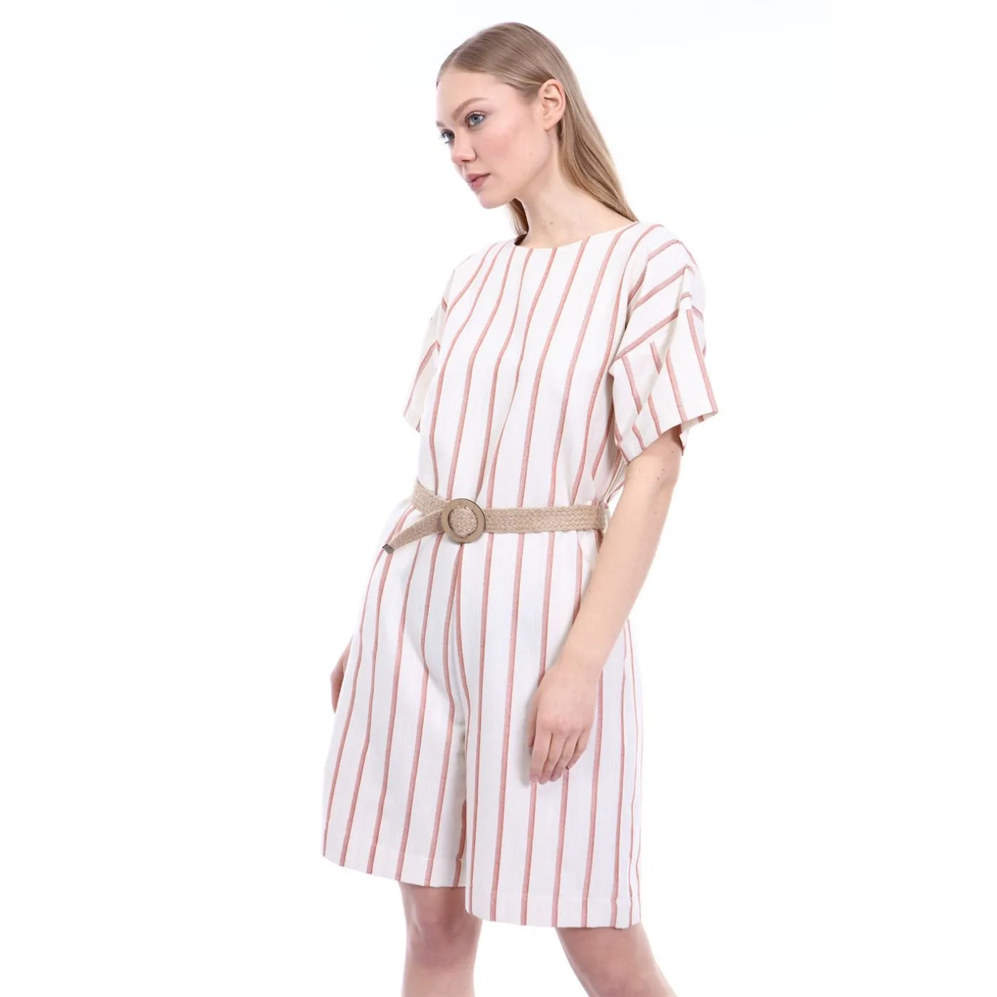 Pink Stripes Beige Linen Jumpsuit