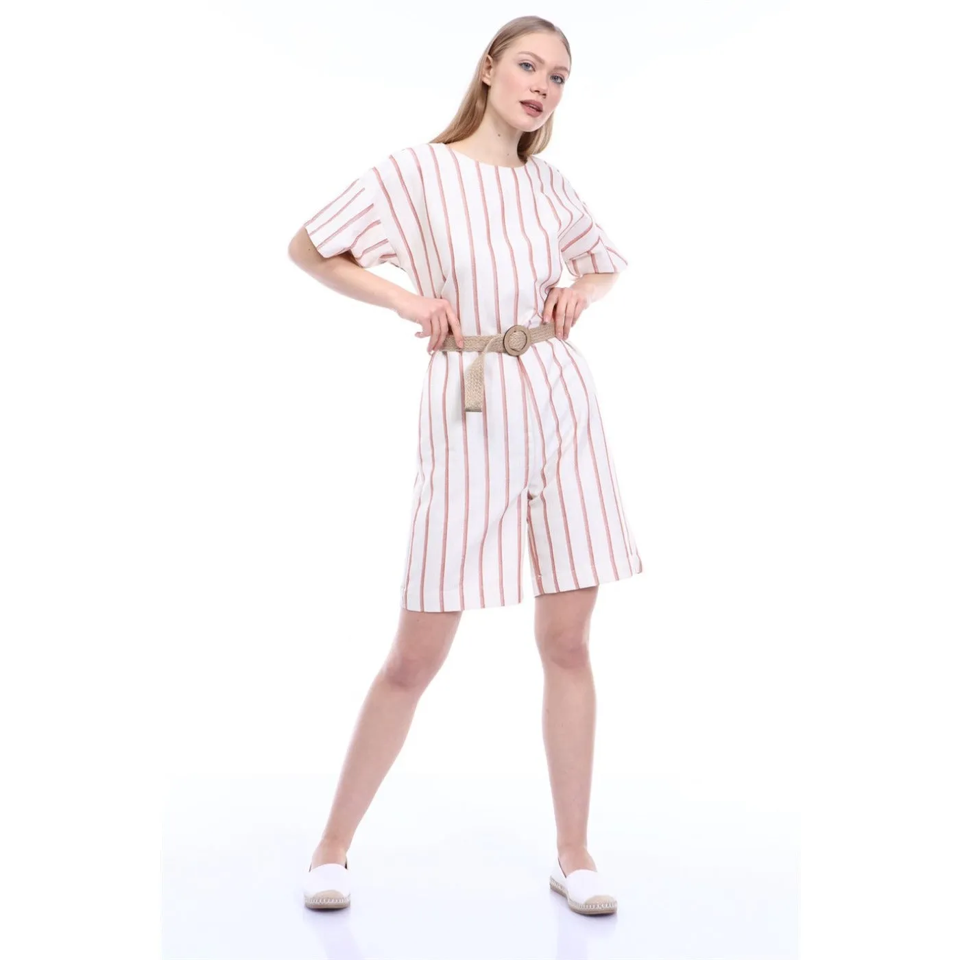 Pink Stripes Beige Linen Jumpsuit