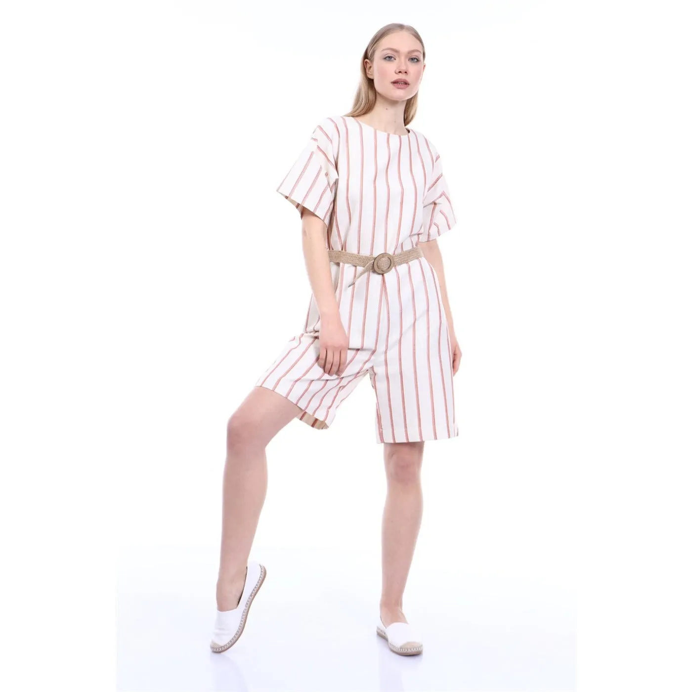 Pink Stripes Beige Linen Jumpsuit