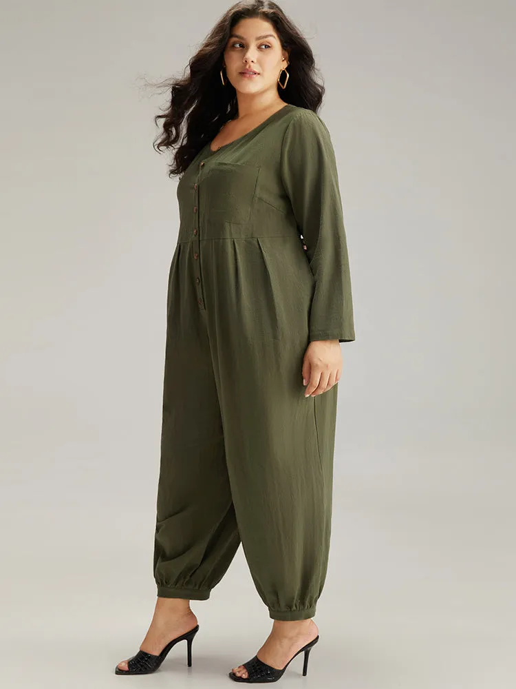 Plain Pocket Button Up Pleated Jumpsuit