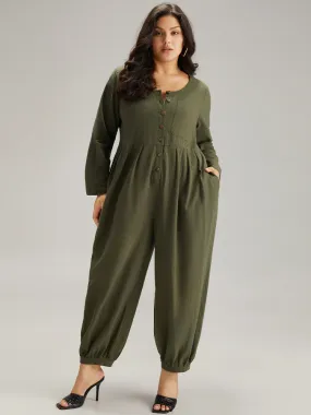 Plain Pocket Button Up Pleated Jumpsuit