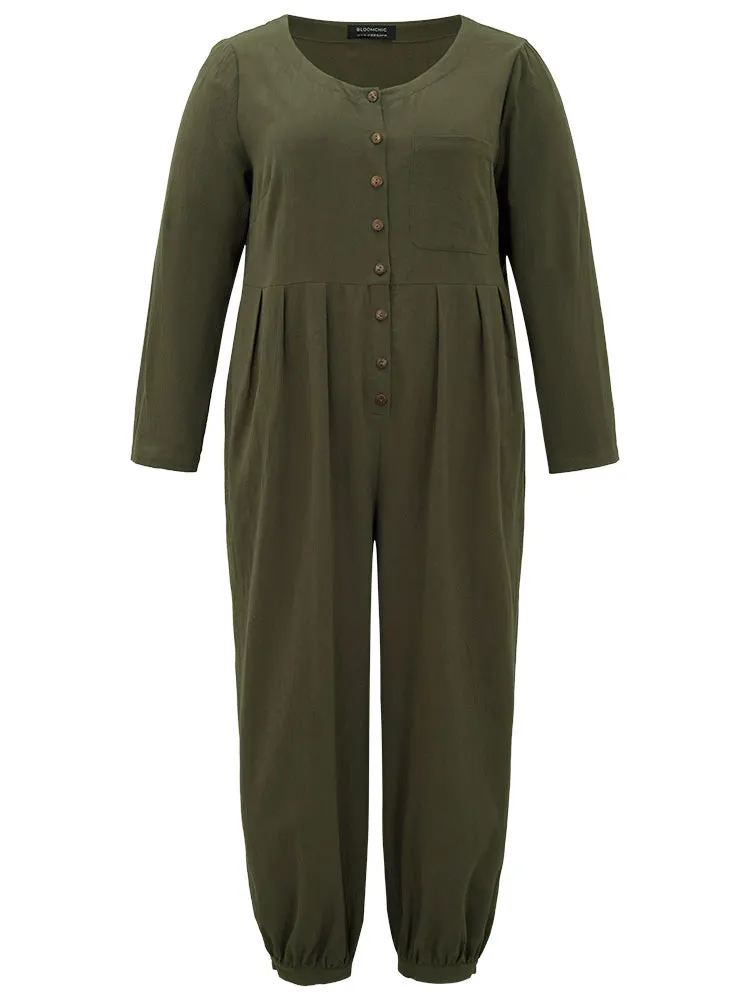 Plain Pocket Button Up Pleated Jumpsuit