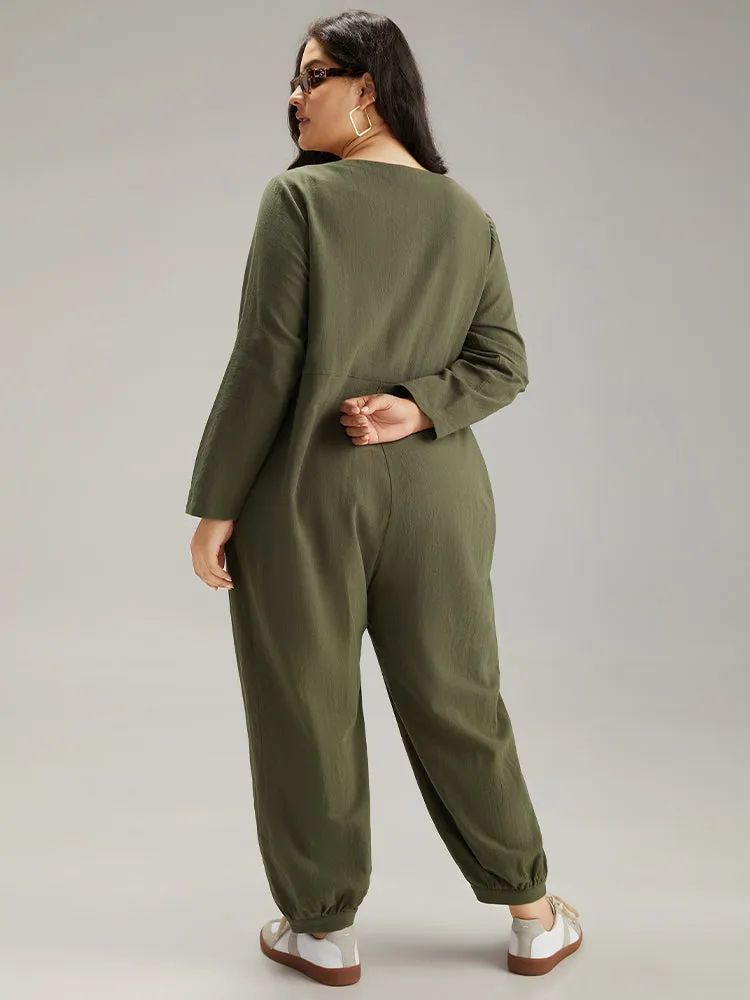 Plain Pocket Button Up Pleated Jumpsuit