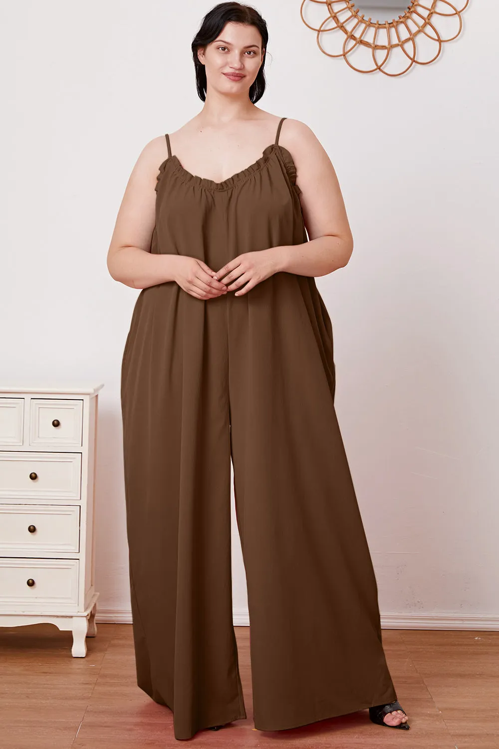 Plus Size Ruffle Trim Tie Back Cami Jumpsuit with Pockets