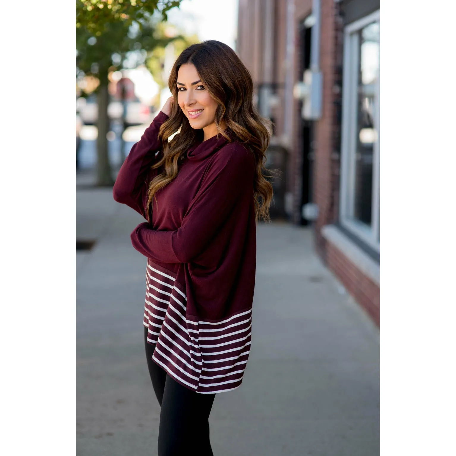 Poncho Style Striped Cowl Neck Sweater