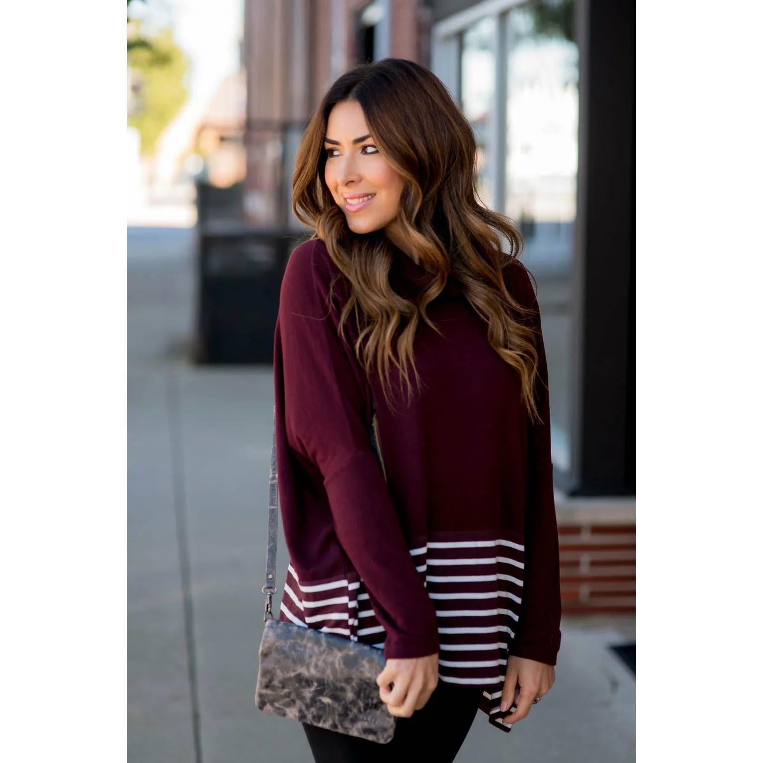 Poncho Style Striped Cowl Neck Sweater