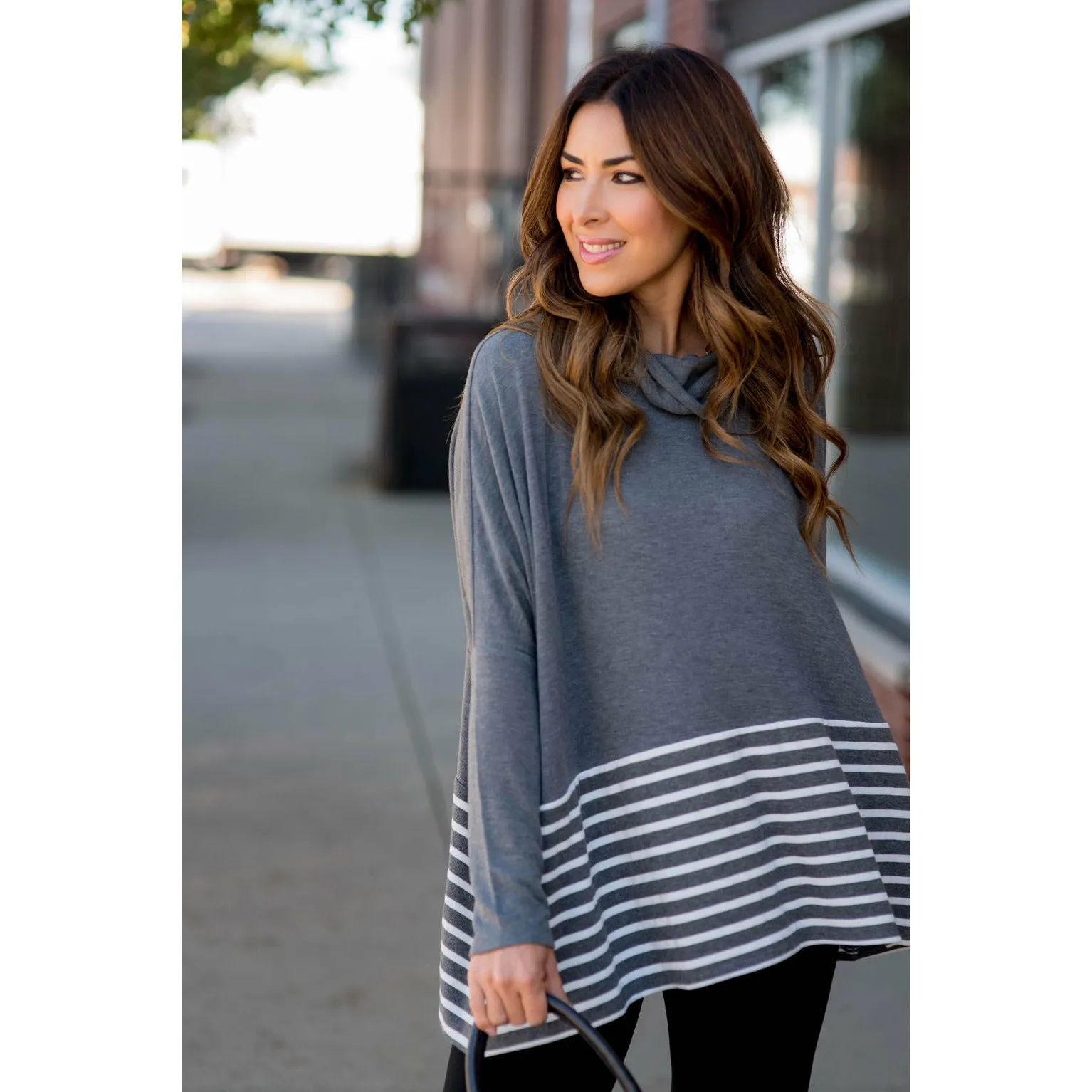 Poncho Style Striped Cowl Neck Sweater