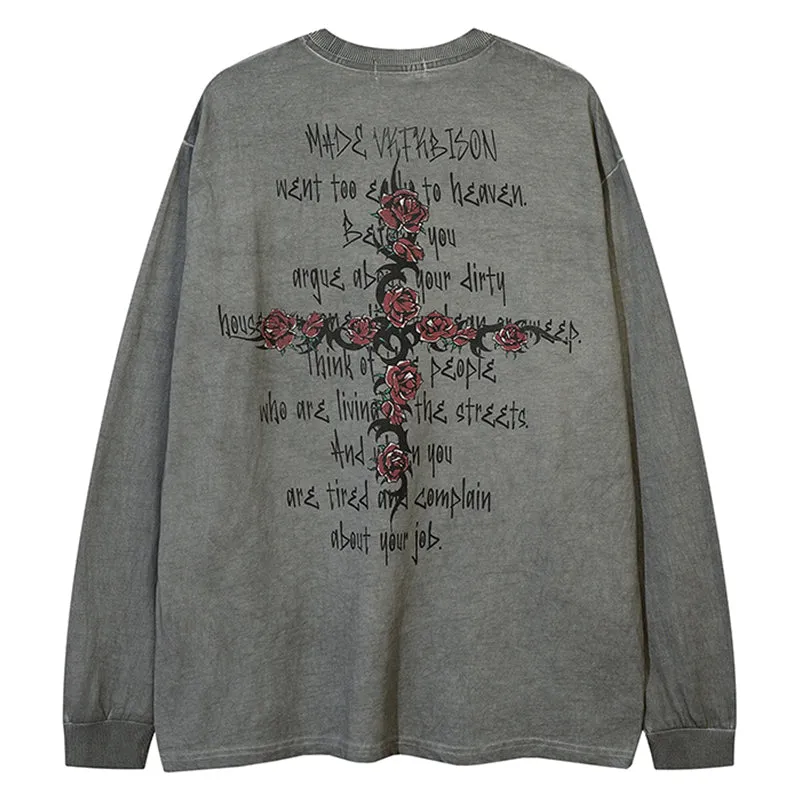 PopFlying Washed Sweatshirt Skull Rose Cross