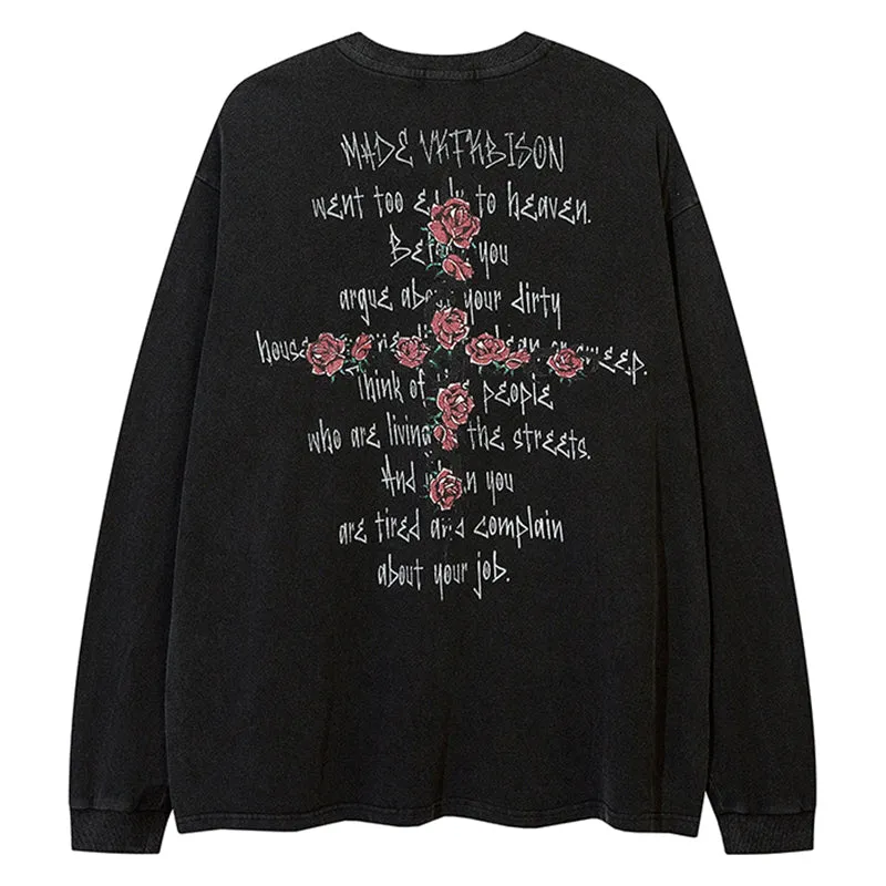 PopFlying Washed Sweatshirt Skull Rose Cross