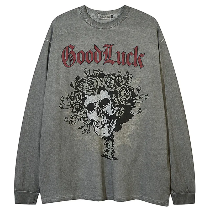 PopFlying Washed Sweatshirt Skull Rose Cross