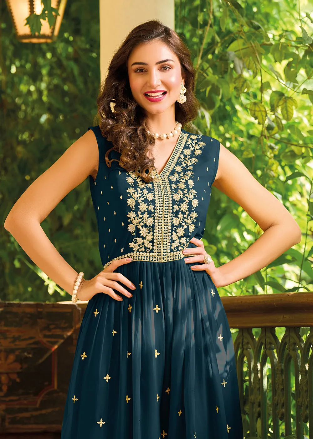 Prussian Blue Indo-Western Embroidered Georgette Jumpsuit