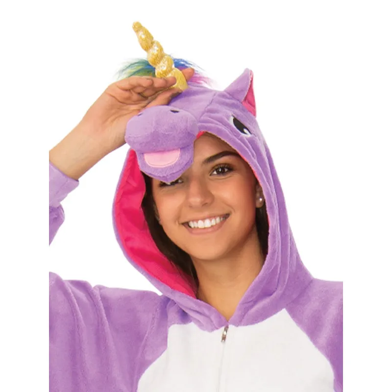 Purple Unicorn Hooded Onesie Costume - Adult