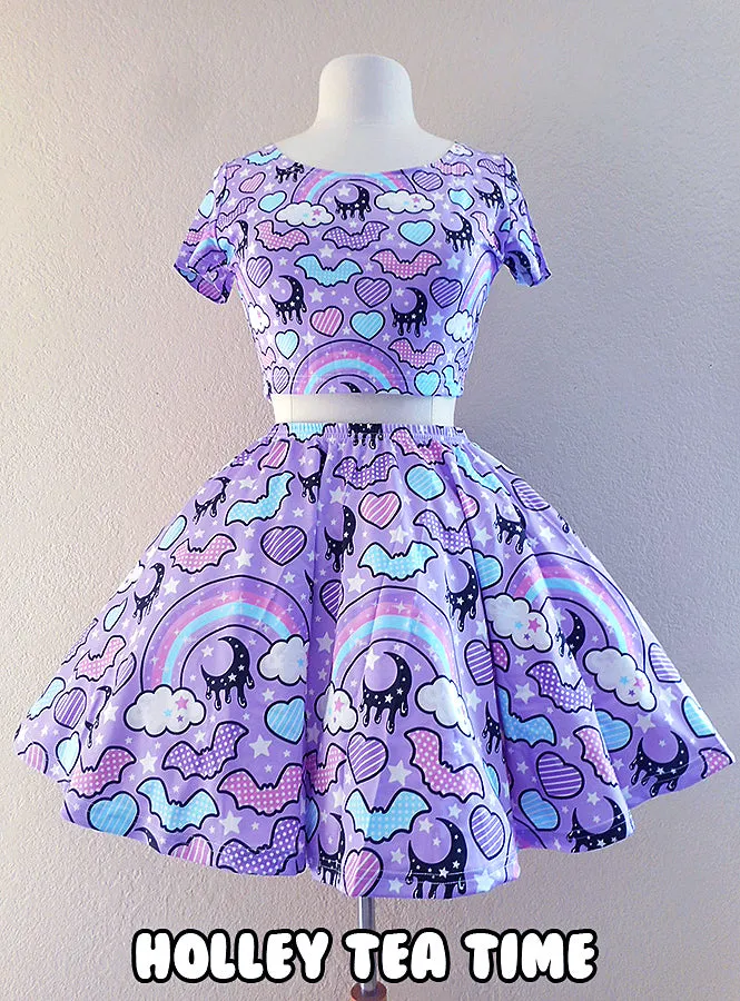 Rainbow spooky bats purple skater skirt [made to order]