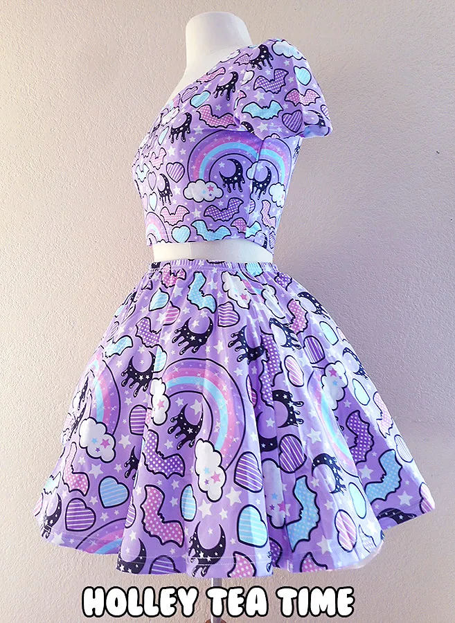 Rainbow spooky bats purple skater skirt [made to order]