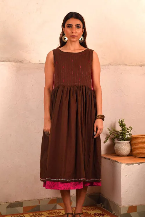 Rangsutra Saheli Double Layer Hand Embroidered Brown Mulmul Cotton Dress With Printed Pink Slip