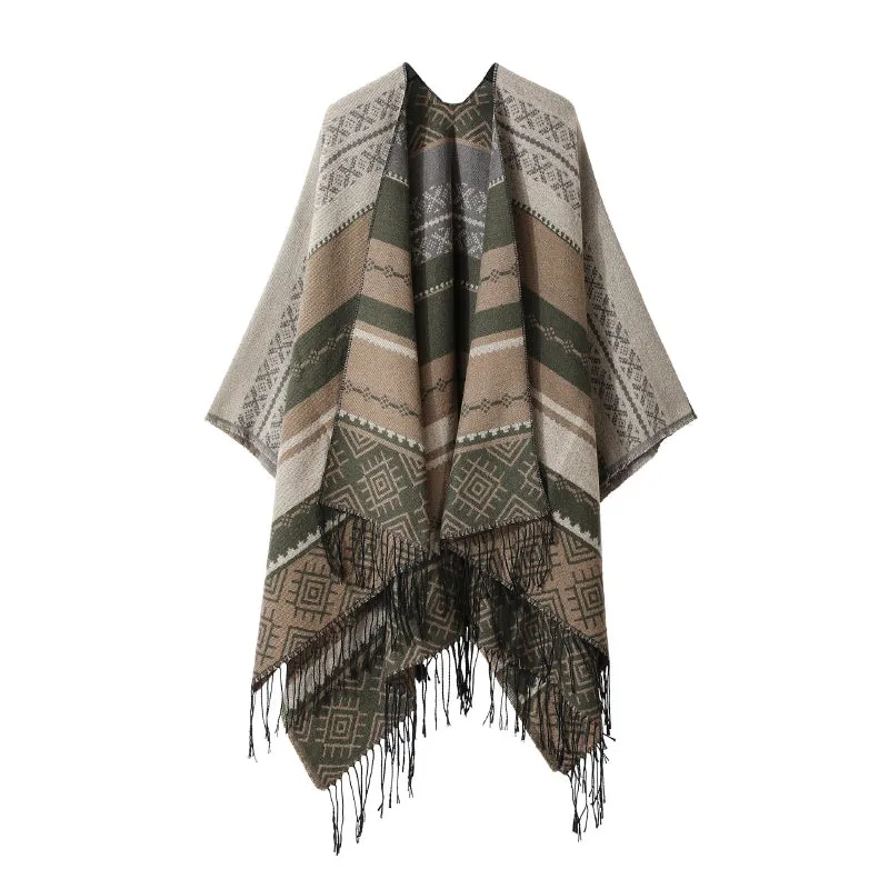 Retro Bohemian-Inspired Poncho Wrap Scarf with Fringe Details