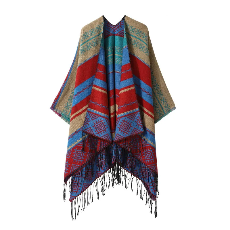 Retro Bohemian-Inspired Poncho Wrap Scarf with Fringe Details