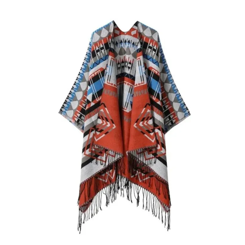 Retro Bohemian-Inspired Poncho Wrap Scarf with Fringe Details