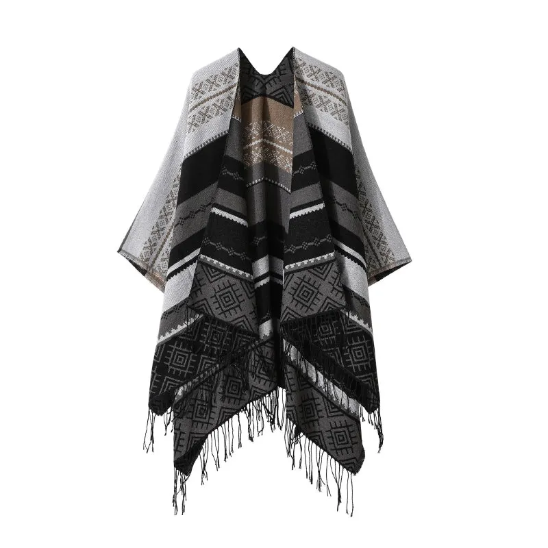 Retro Bohemian-Inspired Poncho Wrap Scarf with Fringe Details