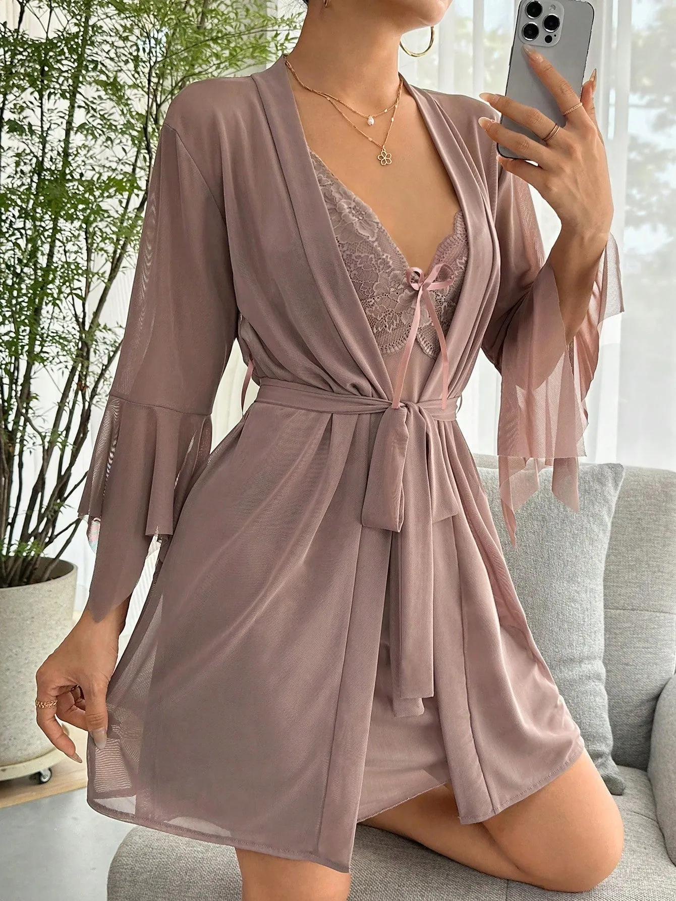 SHEIN Contrast Lace Flounce Sleeve Bow Front Mesh Robe & Cami Dress PJ Set