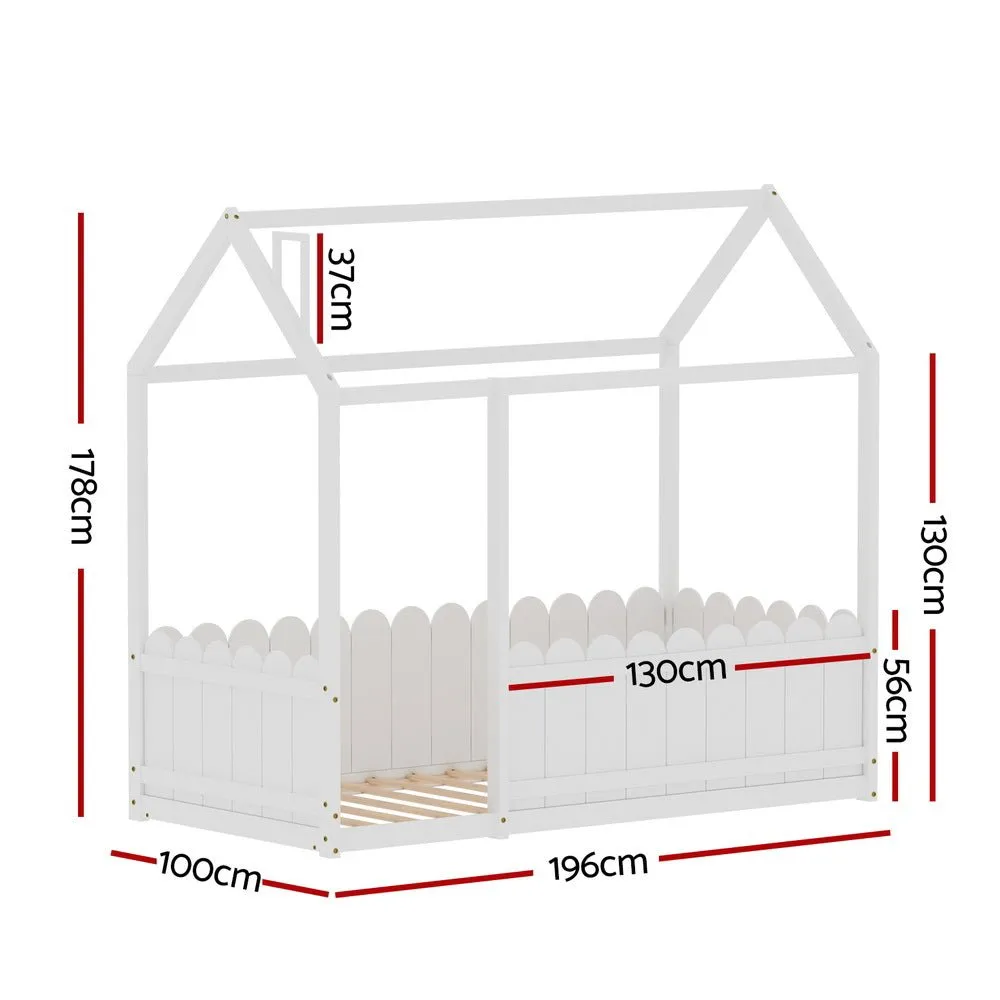 Single Package | Kori House Shaped Wooden Floor Bed Frame White, Alzbeta Mattress (Medium firm) & Waterproof Bamboo Mattress Protector