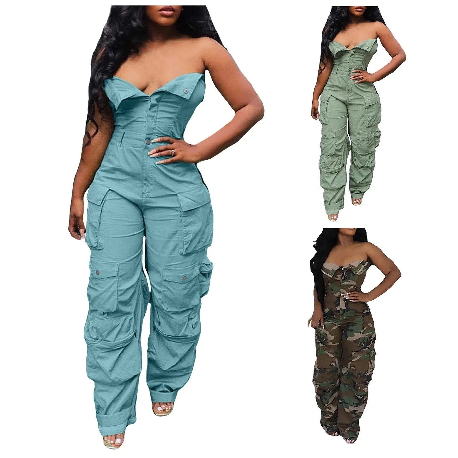 SKY™ Jumpsuit for Women Off Shoulder Tube Denim Cargo Jumpsuits Baggy Wide Leg Jean Pants Romper Multi-Pocket Overall Streetwear