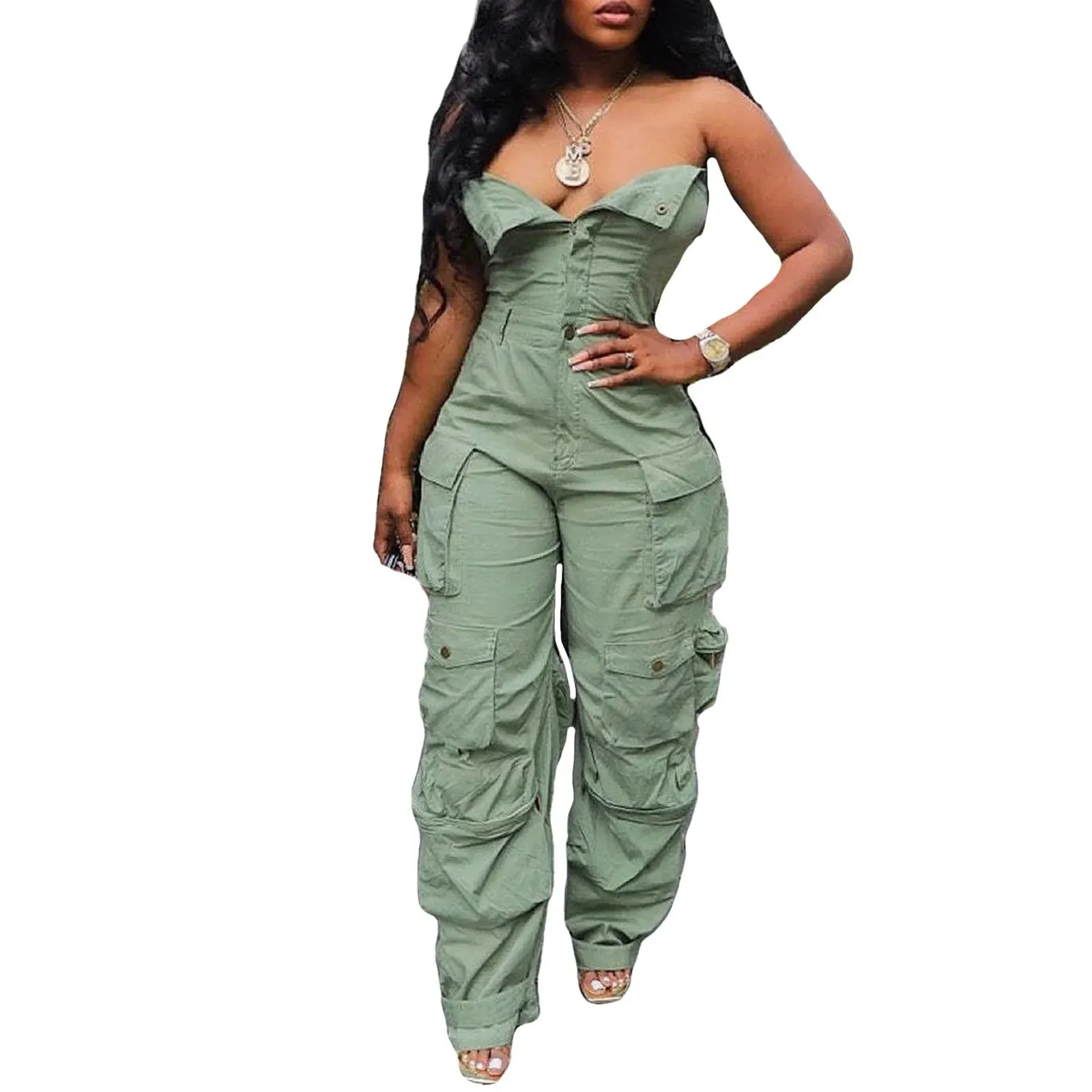 SKY™ Jumpsuit for Women Off Shoulder Tube Denim Cargo Jumpsuits Baggy Wide Leg Jean Pants Romper Multi-Pocket Overall Streetwear