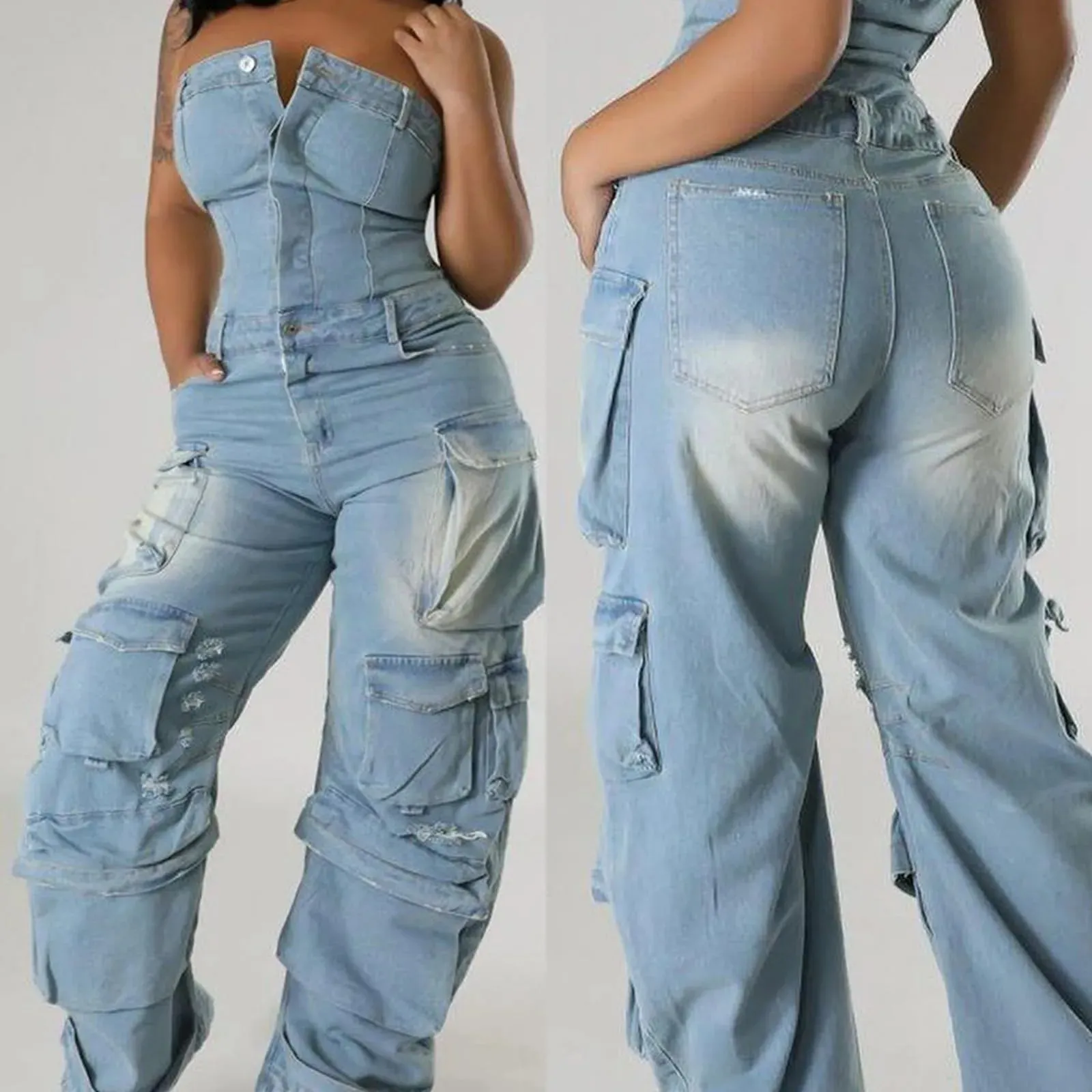 SKY™ Jumpsuit for Women Off Shoulder Tube Denim Cargo Jumpsuits Baggy Wide Leg Jean Pants Romper Multi-Pocket Overall Streetwear