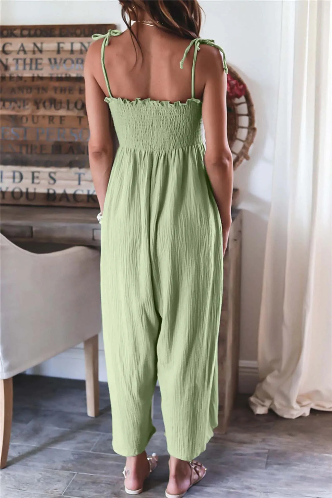 Solid Color Sleeveless Smocked Jumpsuit