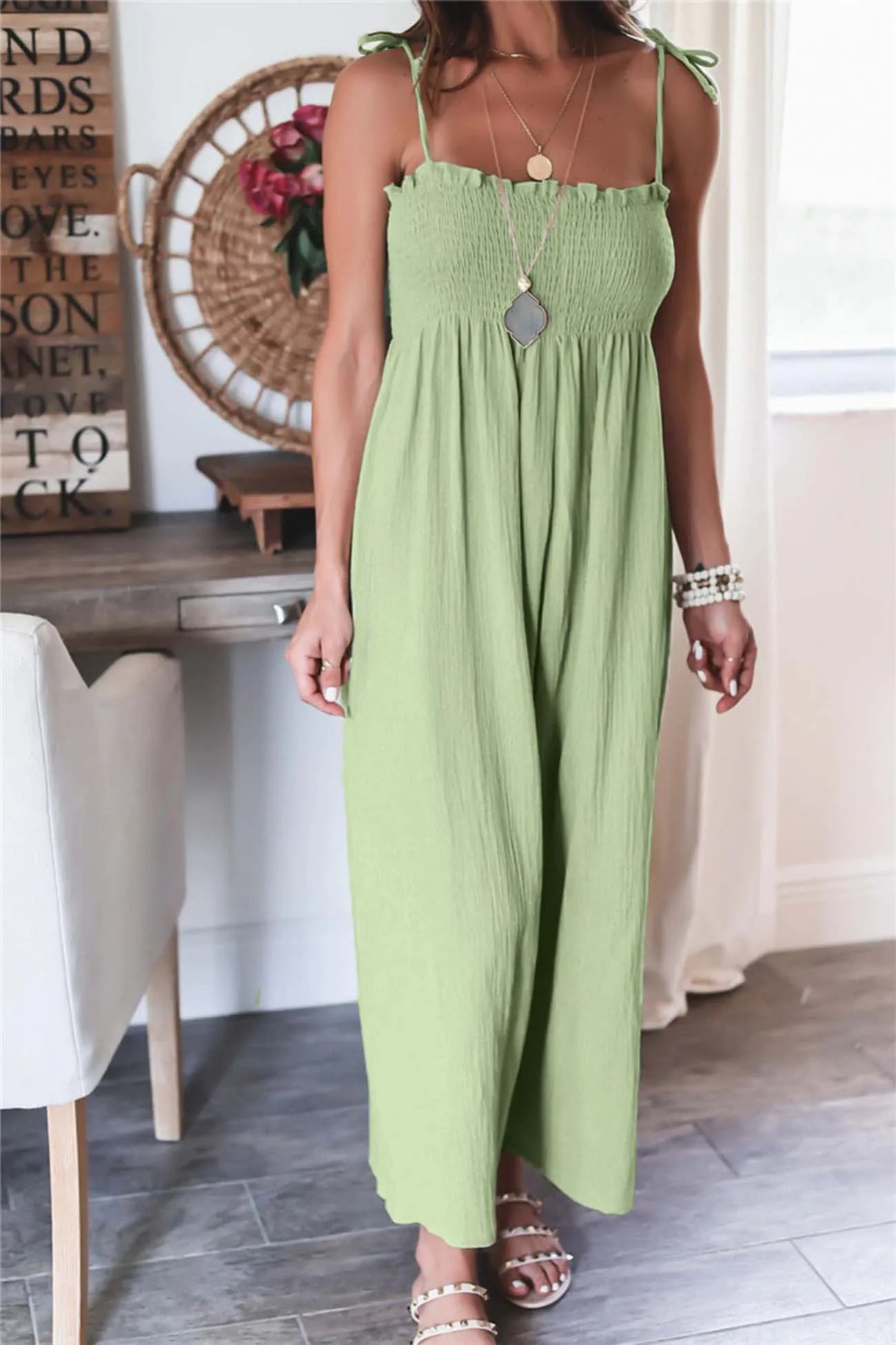 Solid Color Sleeveless Smocked Jumpsuit