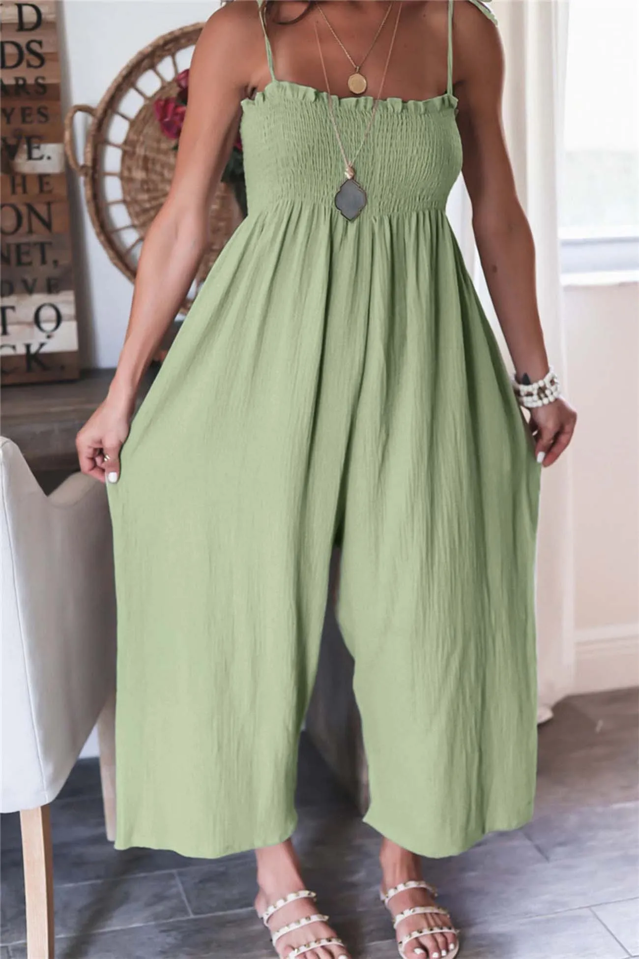 Solid Color Sleeveless Smocked Jumpsuit