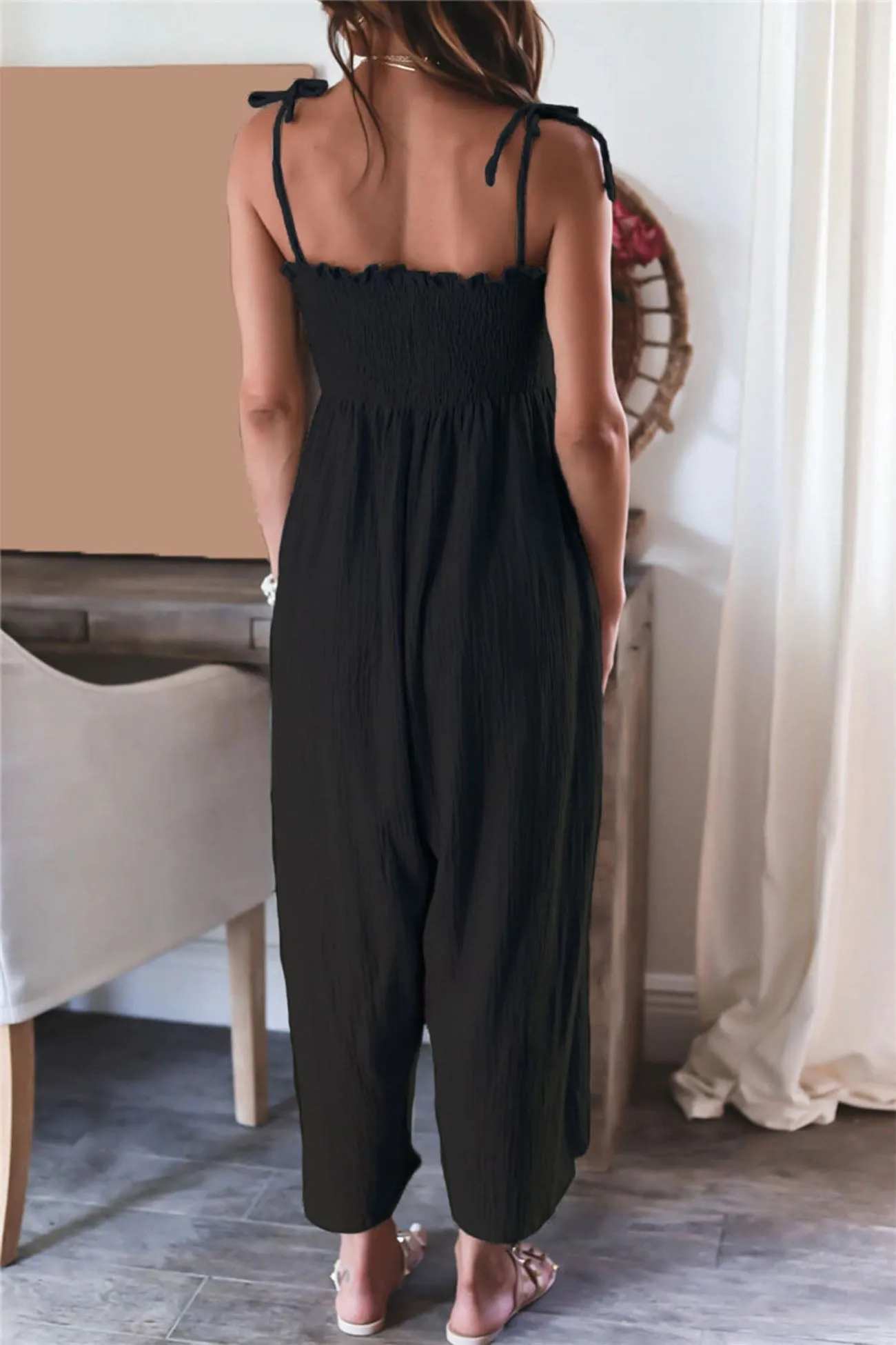 Solid Color Sleeveless Smocked Jumpsuit