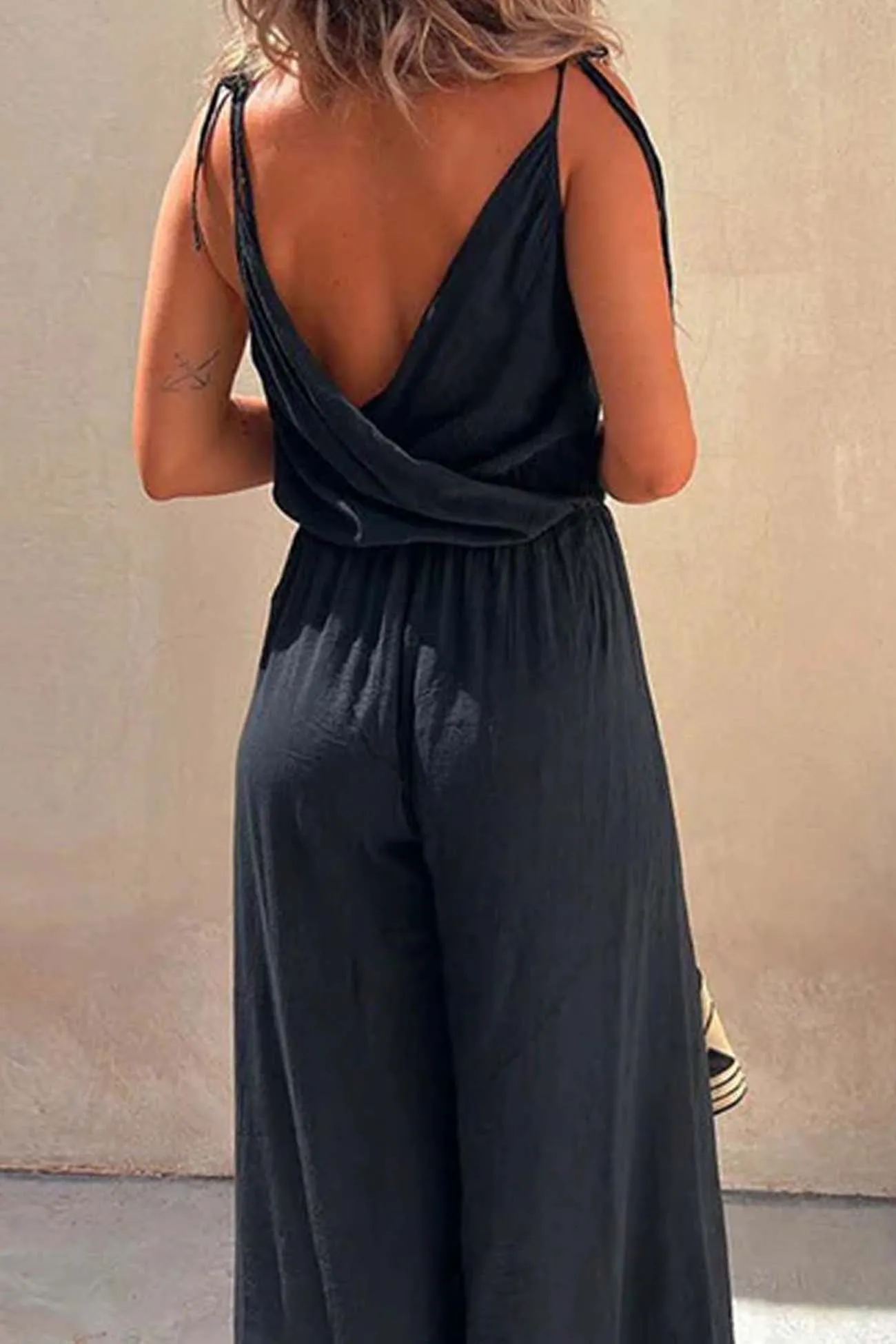 Solid Color V Neck Sleeveless Slit Jumpsuit