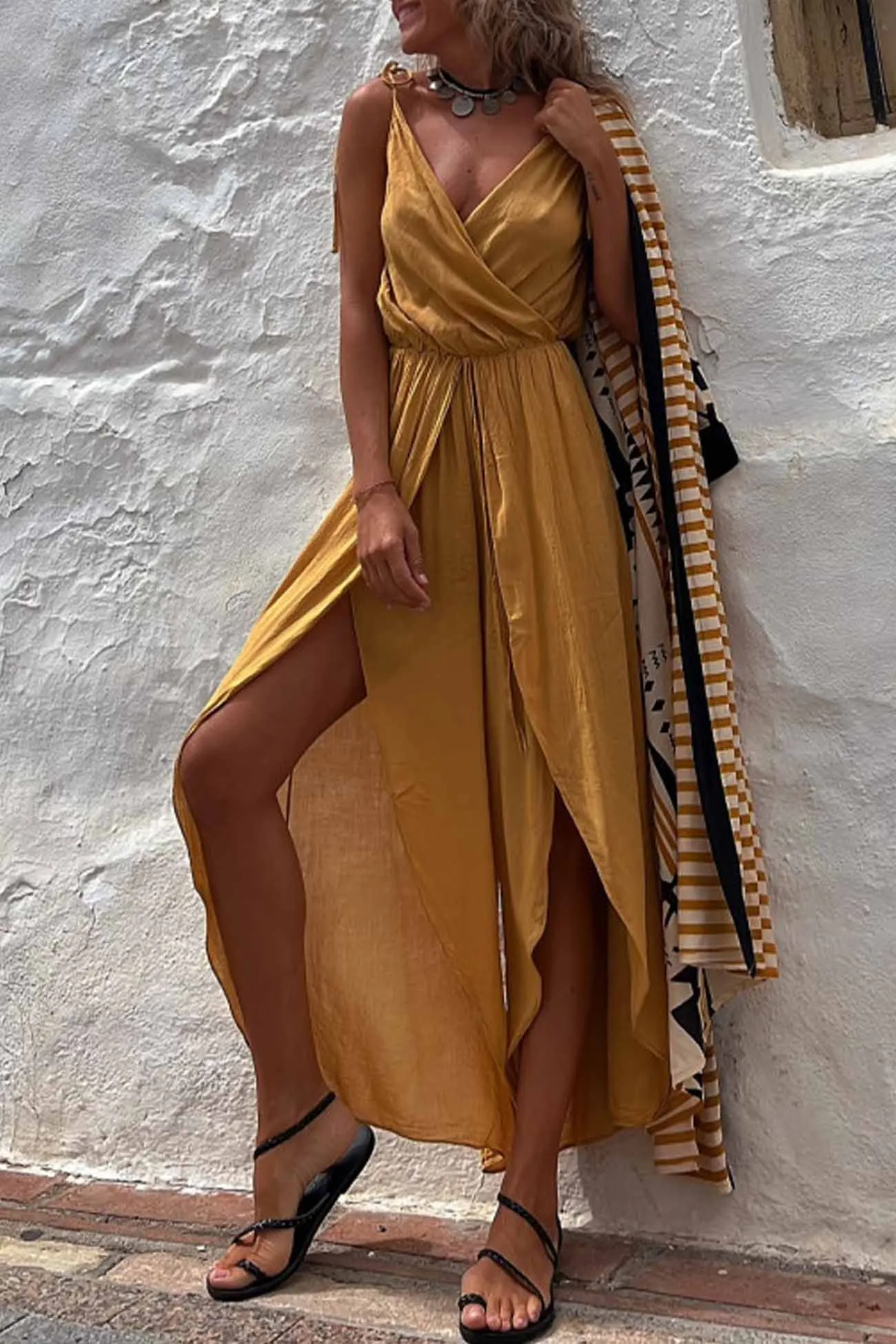 Solid Color V Neck Sleeveless Slit Jumpsuit