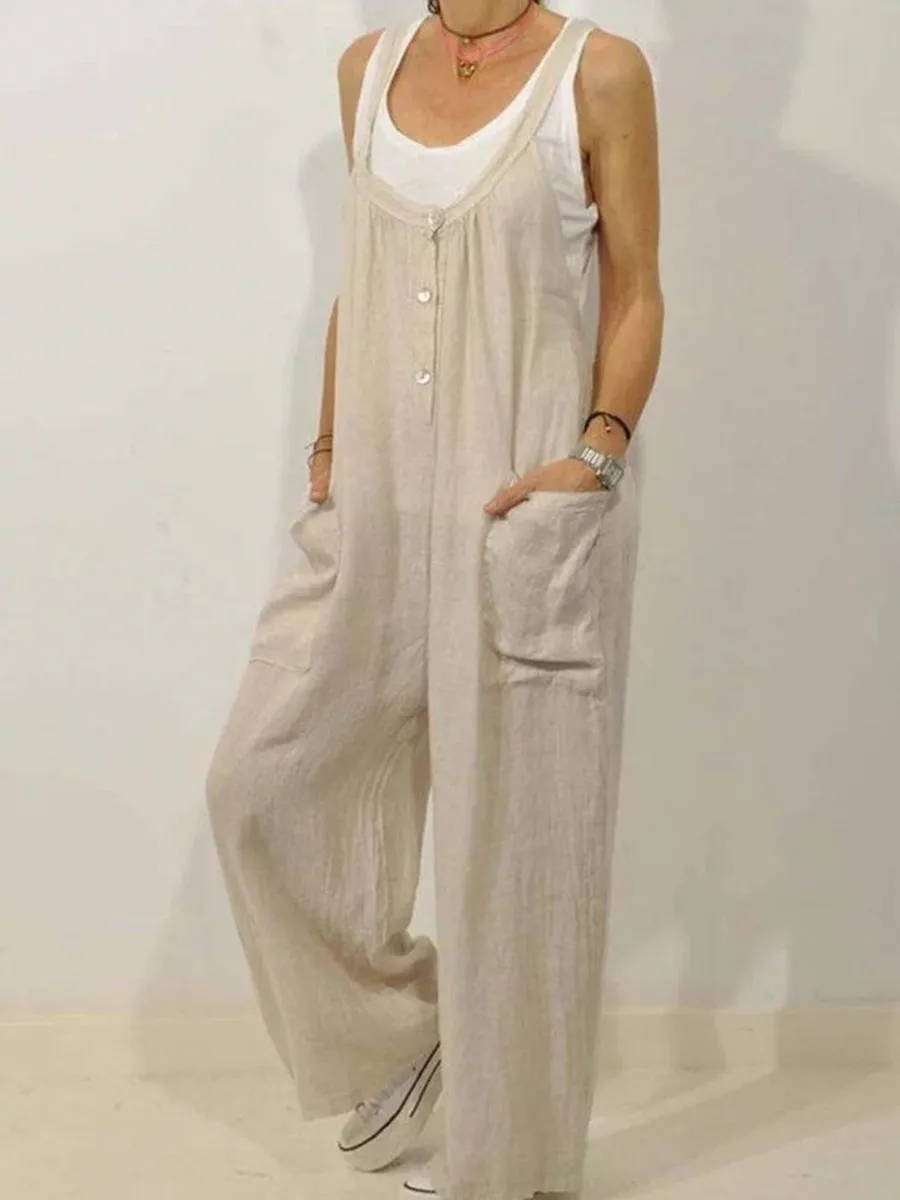 Solid Loose Wide Leg Pocket Jumpsuit