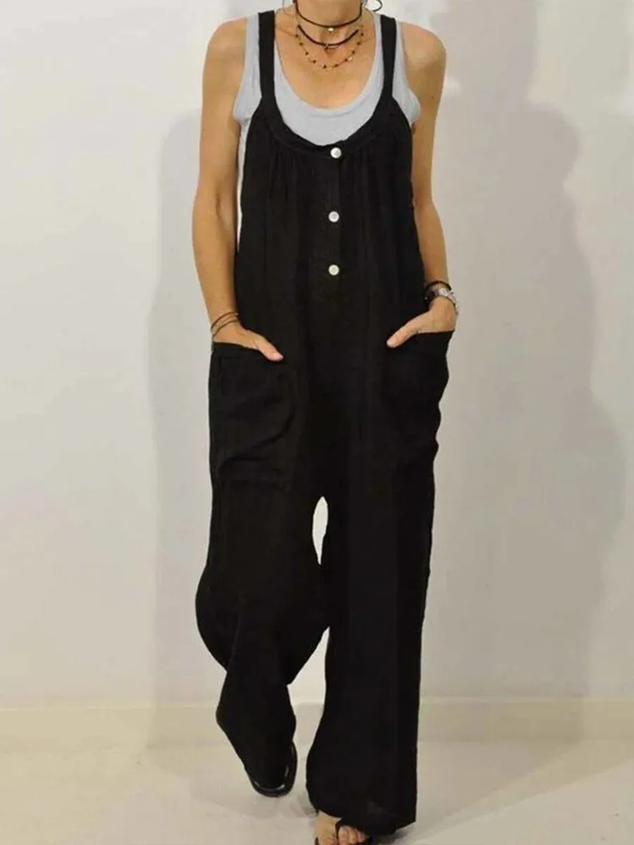 Solid Loose Wide Leg Pocket Jumpsuit