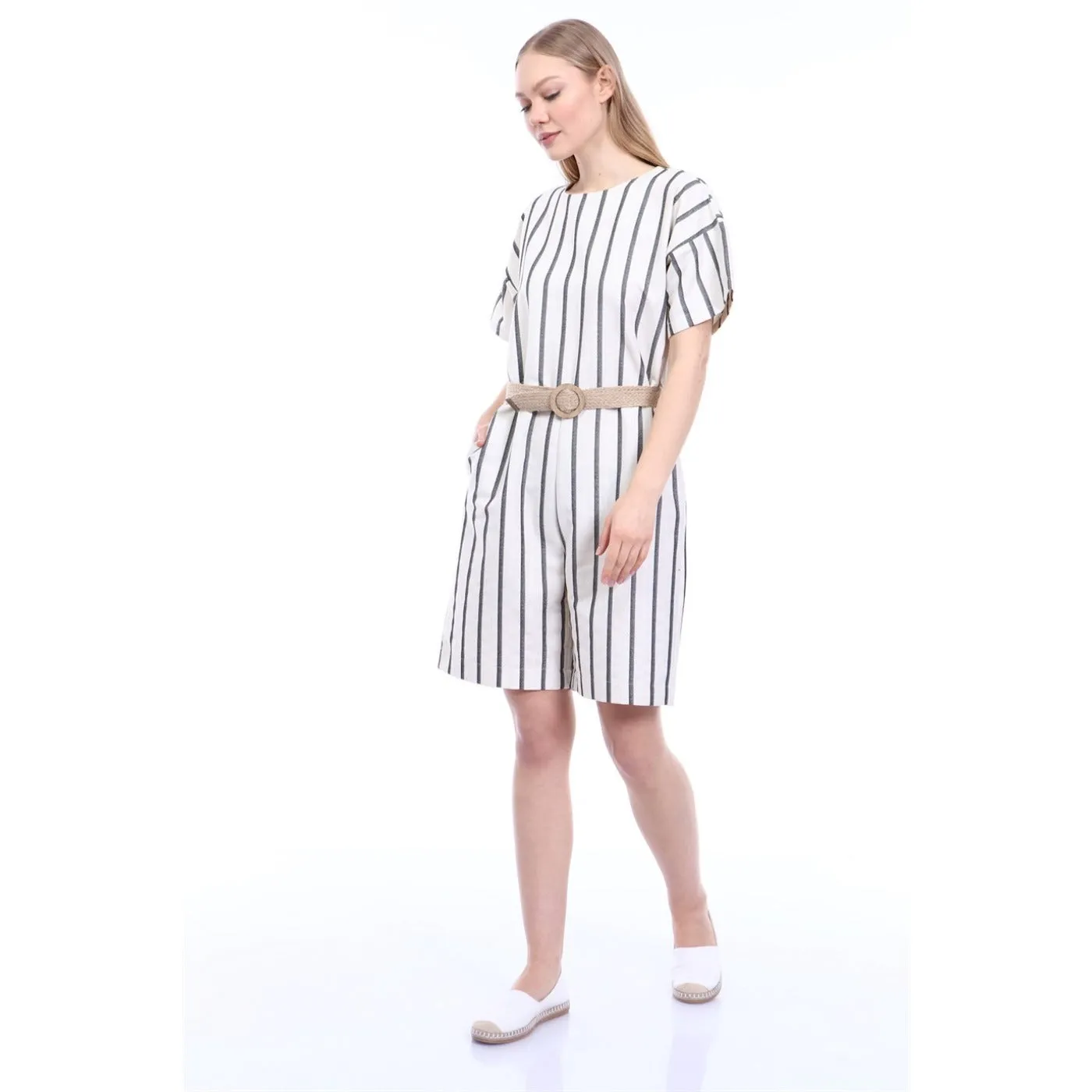 Stripes Beige Black Linen Jumpsuit