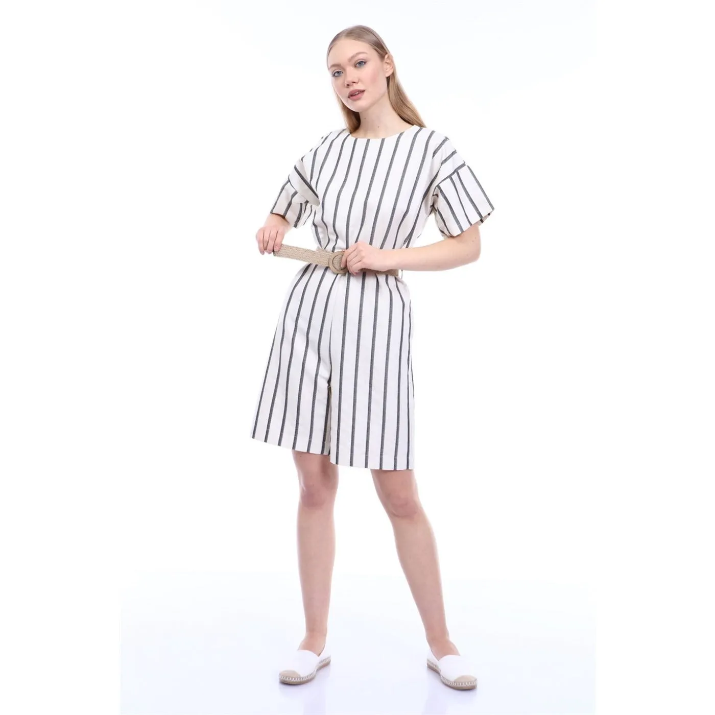 Stripes Beige Black Linen Jumpsuit