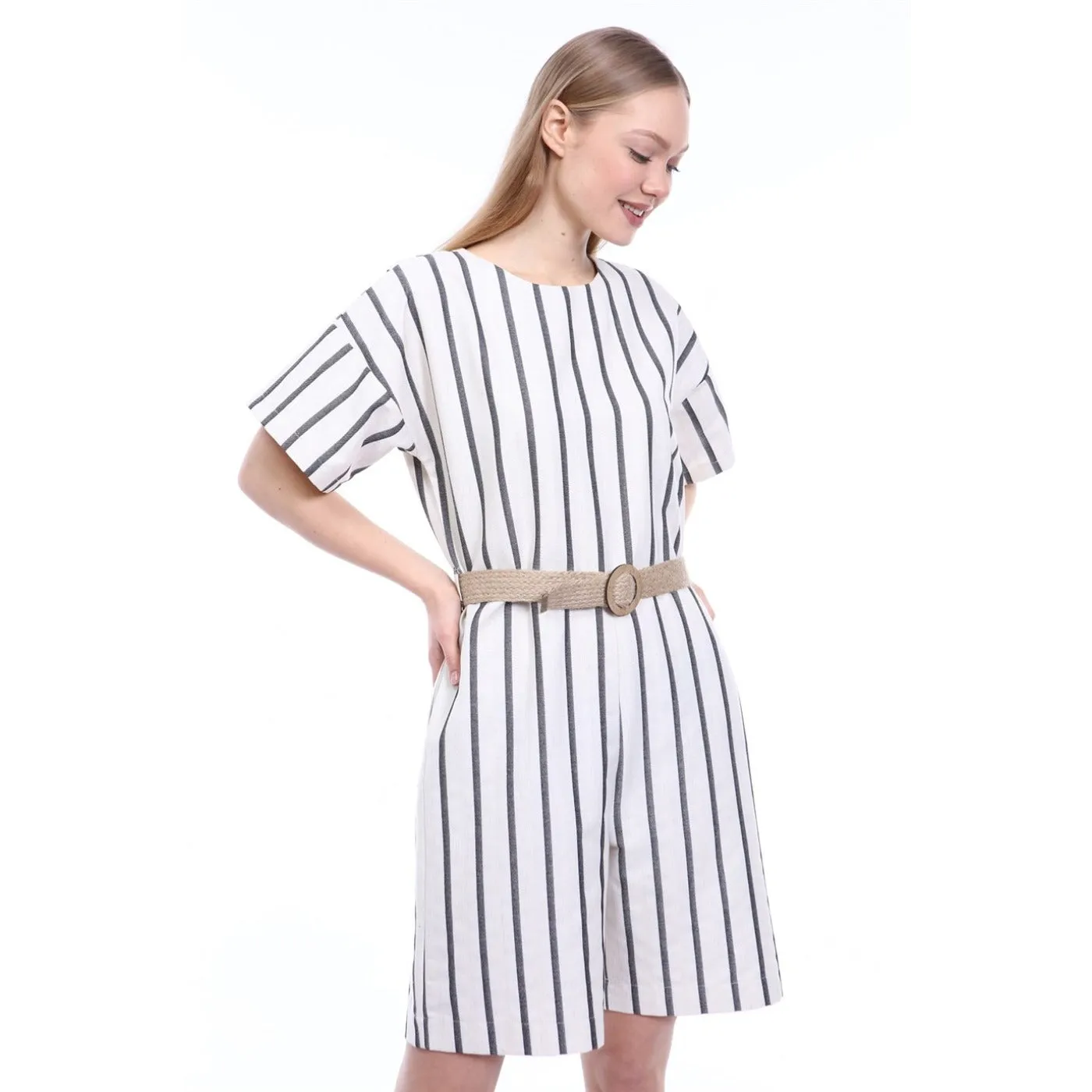 Stripes Beige Black Linen Jumpsuit