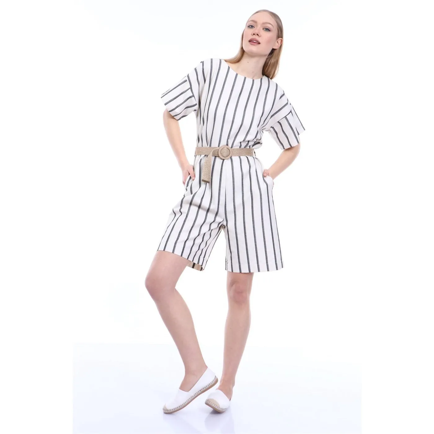 Stripes Beige Black Linen Jumpsuit