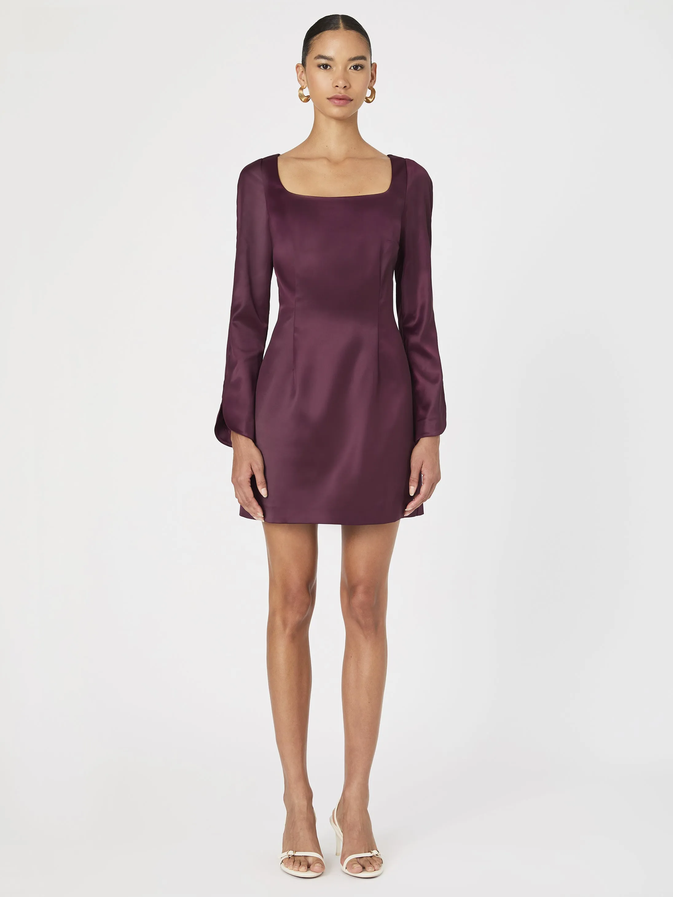 Structured Satin Long Sleeve Scoop Neck Mini Dress