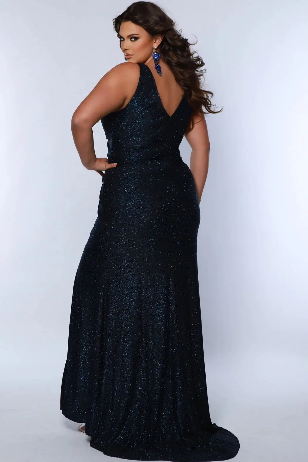 Sydneys Closet SC7376 Long Prom Dress Fitted Plus Size V Neck Maxi Slit Train Pageant Formal Gown