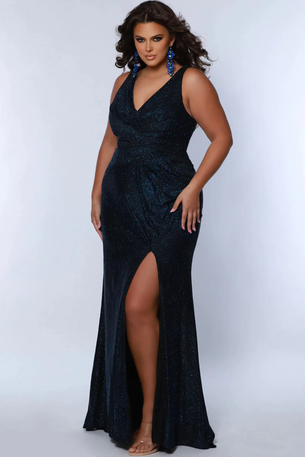 Sydneys Closet SC7376 Long Prom Dress Fitted Plus Size V Neck Maxi Slit Train Pageant Formal Gown