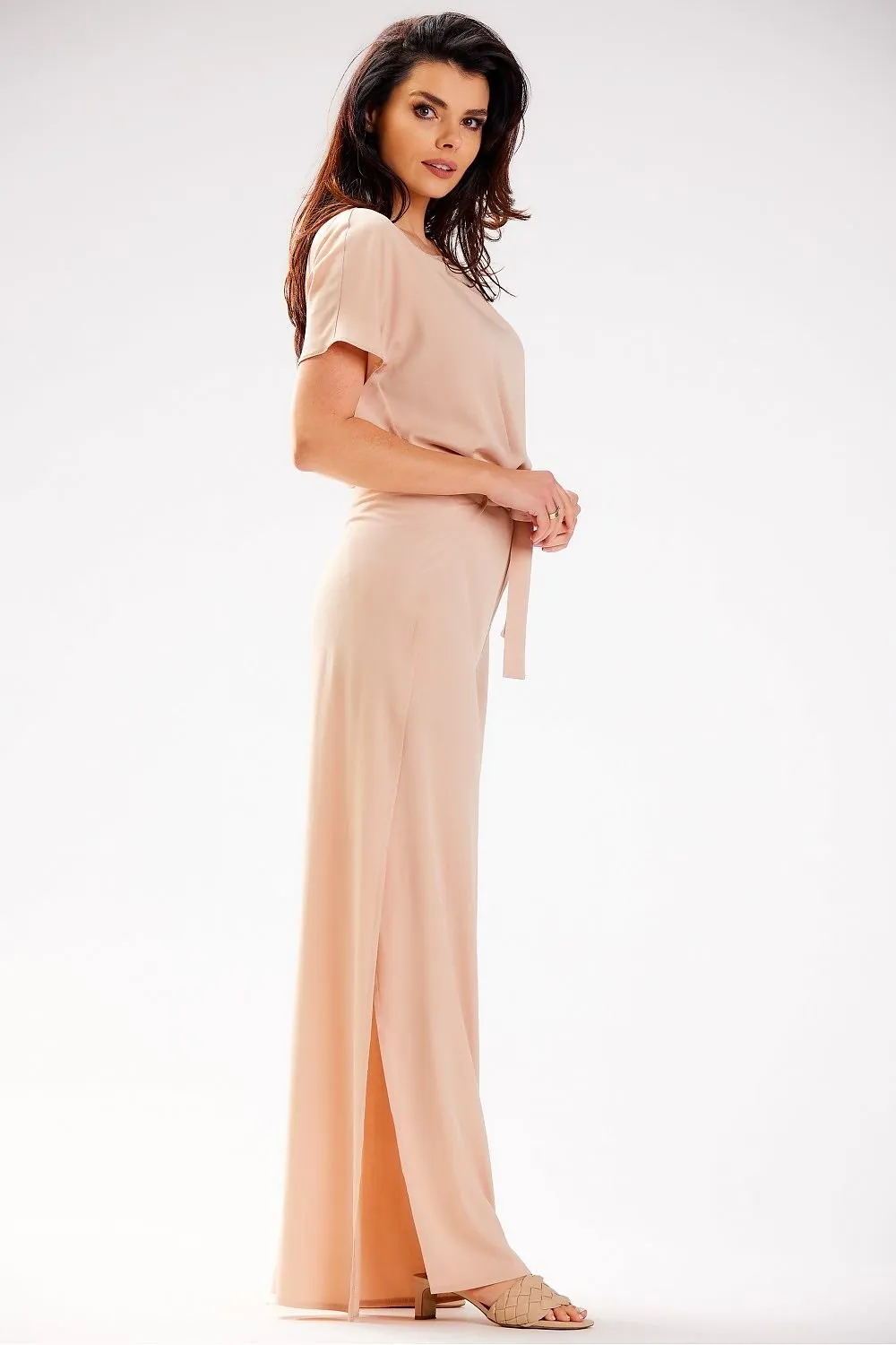 TEEK - Beige Belted Slit Leg Jumpsuit