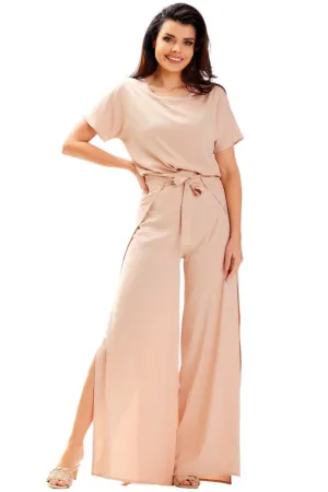 TEEK - Beige Belted Slit Leg Jumpsuit