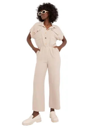 TEEK - Beige Button Up Pocketed Jumpsuit