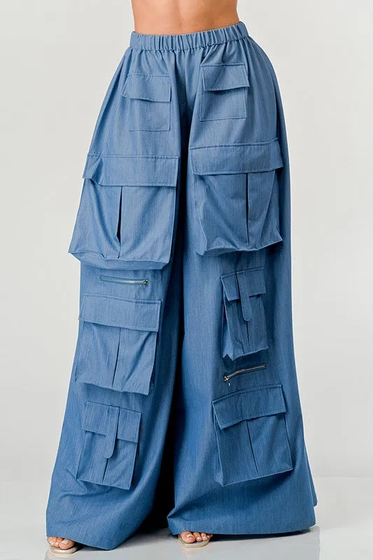 TEEK - BLUE WIDE MULTI POCKET CARGO PANTS