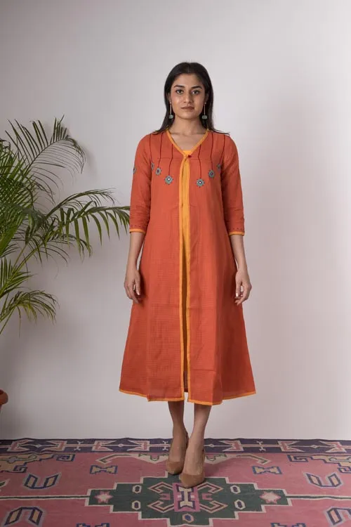 Urmul 'Anmol'Hand Embroidered Orange Kotta doriya dress . 2pc set (Jacket and Slip)